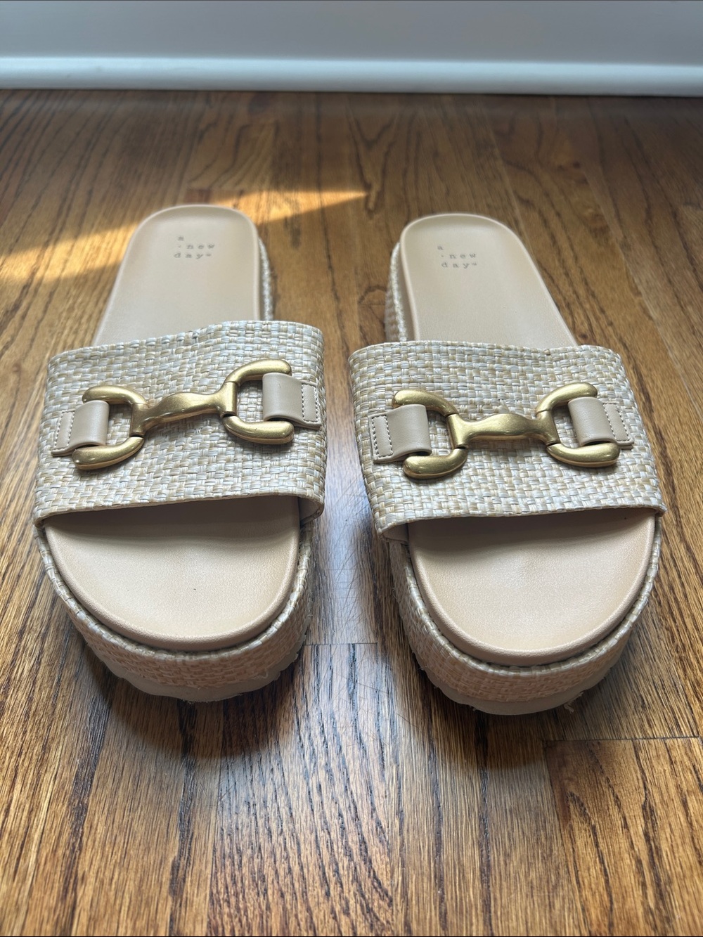 Neutral Beige Woven Slide Sandals with Gold Hardware - Women